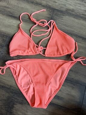 No Boundaries Coral Pink/Orange Ribbed String Bikini